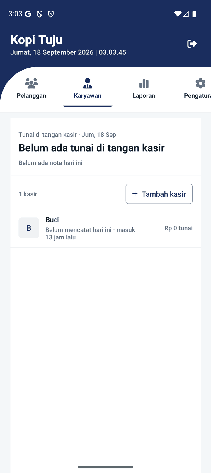 Tab Karyawan: kartu Tunai di tangan kasir (Belum ada tunai di tangan kasir · belum ada nota hari ini), baris 1 kasir dengan tombol Tambah kasir, satu kasir bernama Budi berstatus belum mencatat hari ini