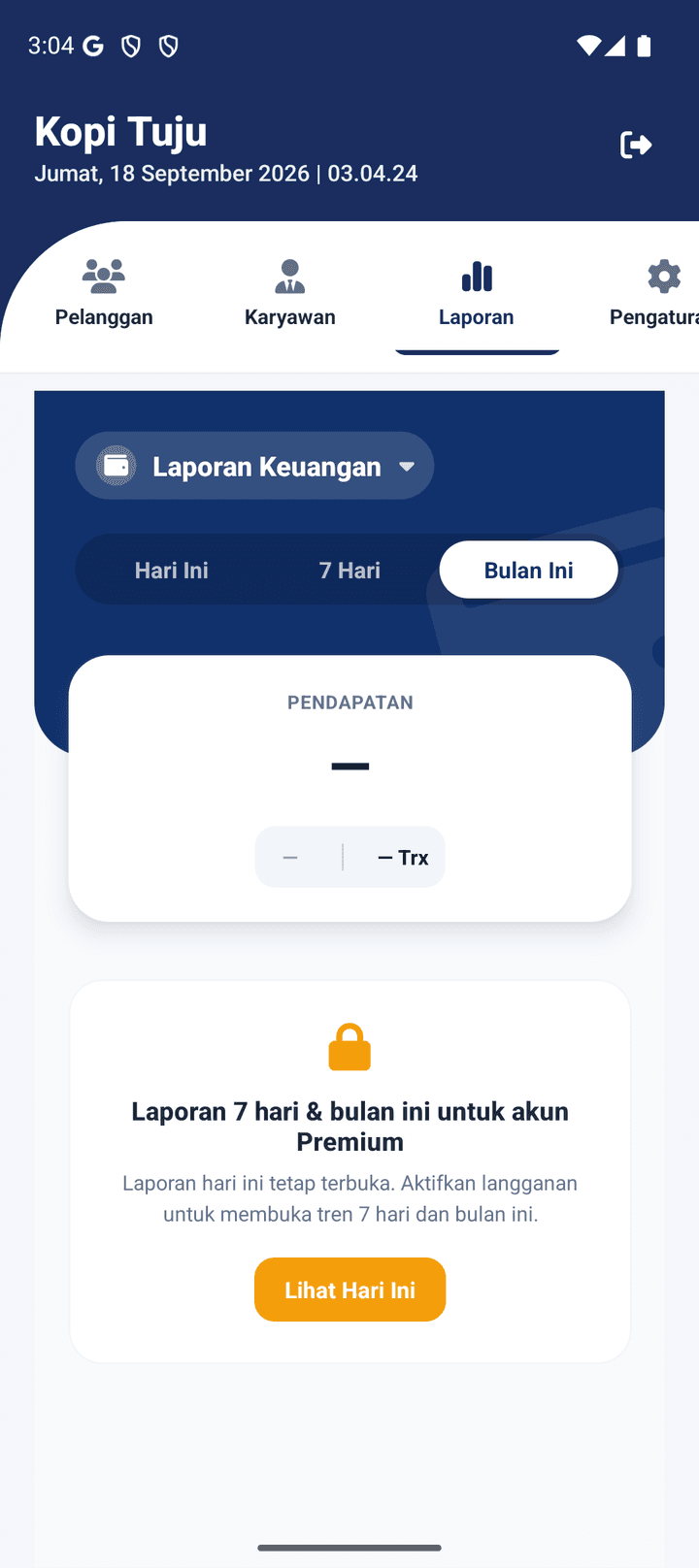Tab Laporan Keuangan, rentang Bulan Ini dipilih: kartu Pendapatan terkunci dan kartu 'Laporan 7 hari & bulan ini untuk akun Premium — Laporan hari ini tetap terbuka' dengan tombol Lihat Hari Ini