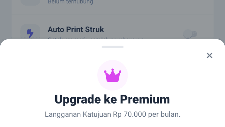 Sheet Upgrade ke Premium: ikon mahkota, judul Upgrade ke Premium, keterangan Langganan Katujuan Rp 70.000 per bulan