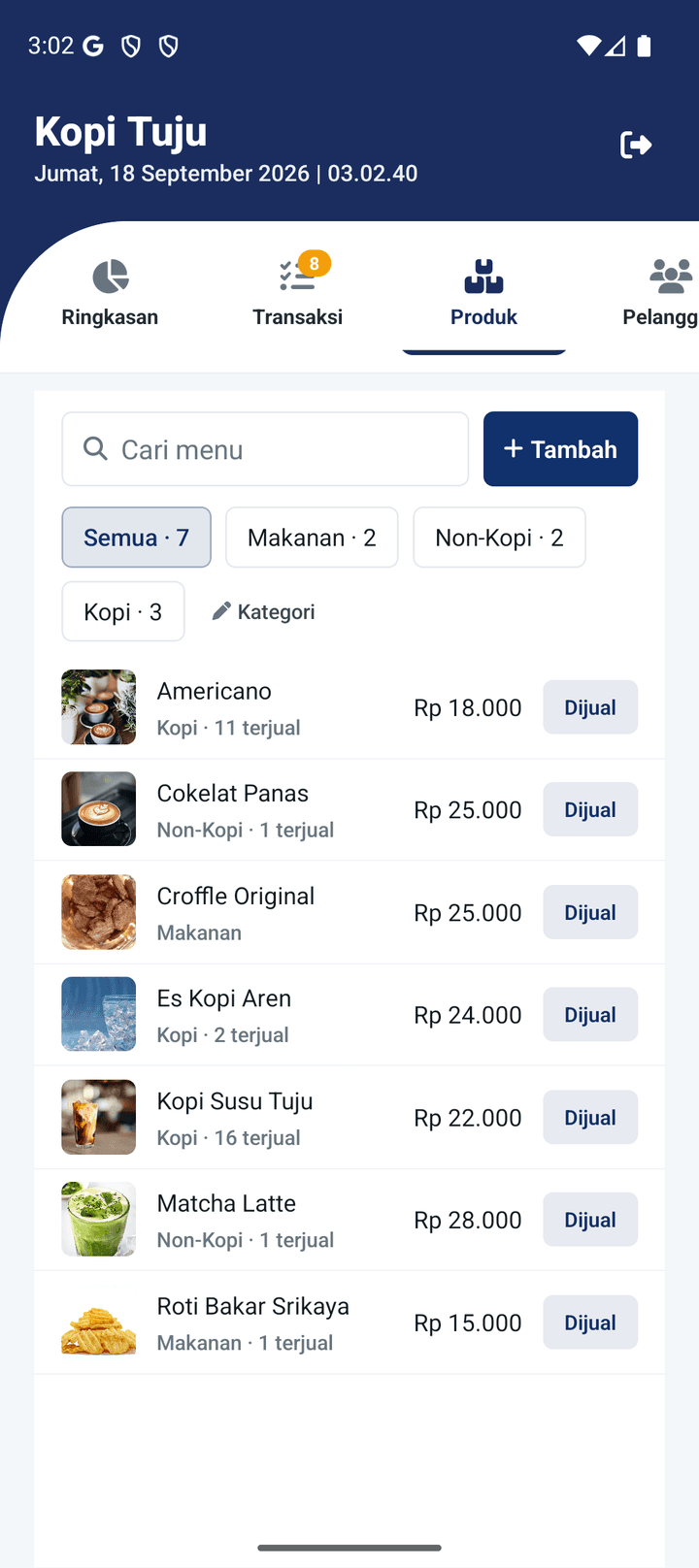 Tab Produk aplikasi Katujuan: kolom Cari menu + tombol Tambah, filter kategori Semua·7/Makanan·2/Non-Kopi·2/Kopi·3, tujuh produk dengan foto/kategori/terjual/harga dan pil Dijual — Americano, Cokelat Panas, Croffle Original, Es Kopi Aren, Kopi Susu Tuju, Matcha Latte, Roti Bakar Srikaya