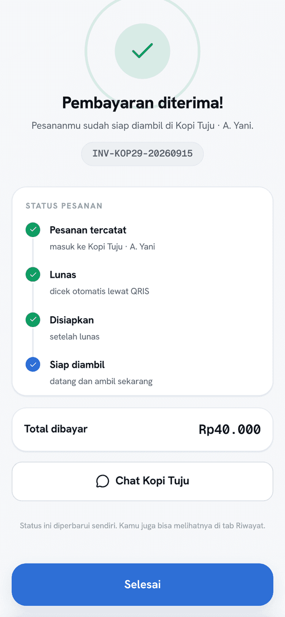Pesananmu sudah siap diambil di Kopi Tuju · A. Yani: keempat status tercentang termasuk Siap diambil, datang dan ambil sekarang