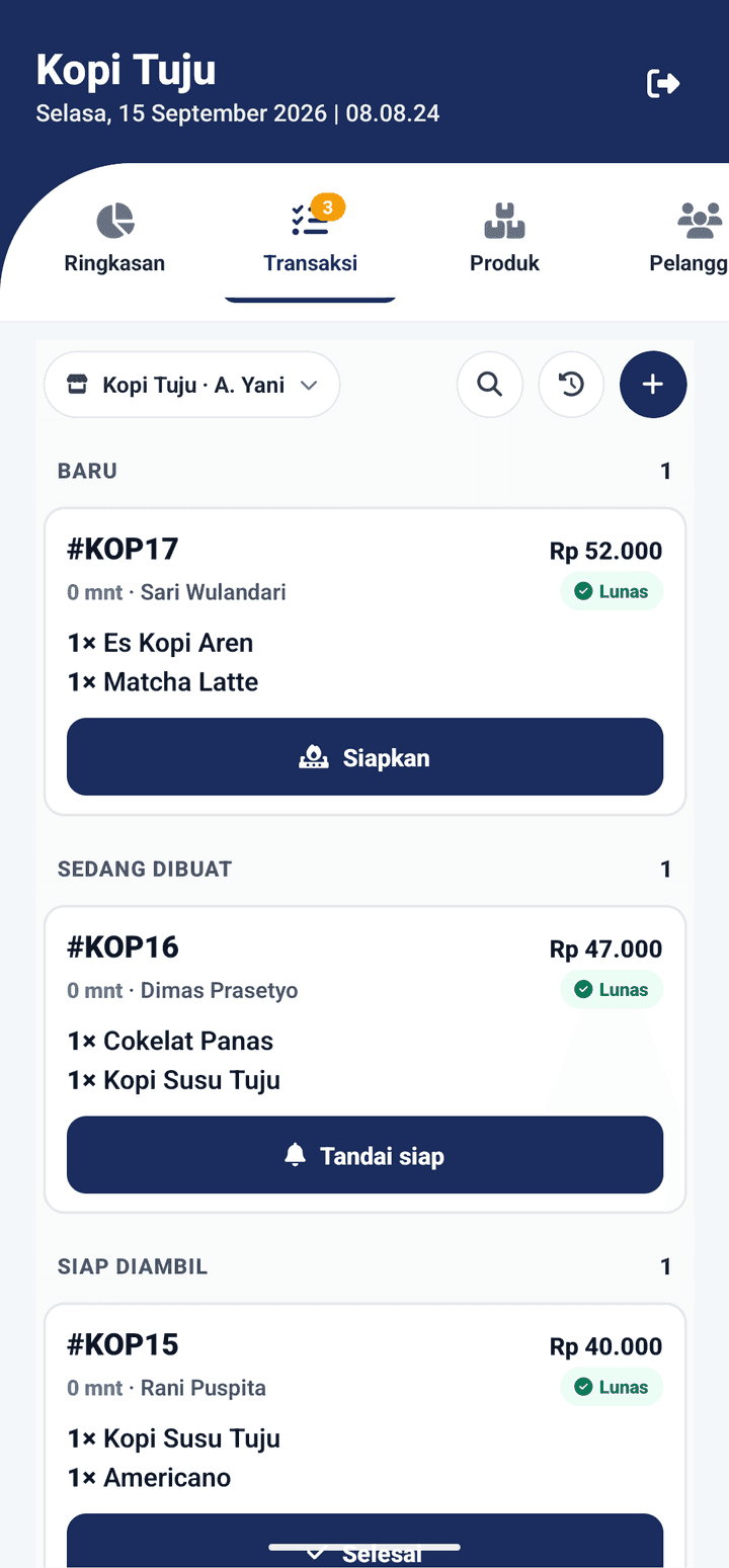 Tab Transaksi aplikasi Katujuan, outlet Kopi Tuju · A. Yani: lajur Baru berisi #KOP17 dengan tombol Siapkan, Sedang dibuat berisi #KOP16 dengan tombol Tandai siap, Siap diambil berisi #KOP15 dengan tombol Selesai, semua berlencana Lunas