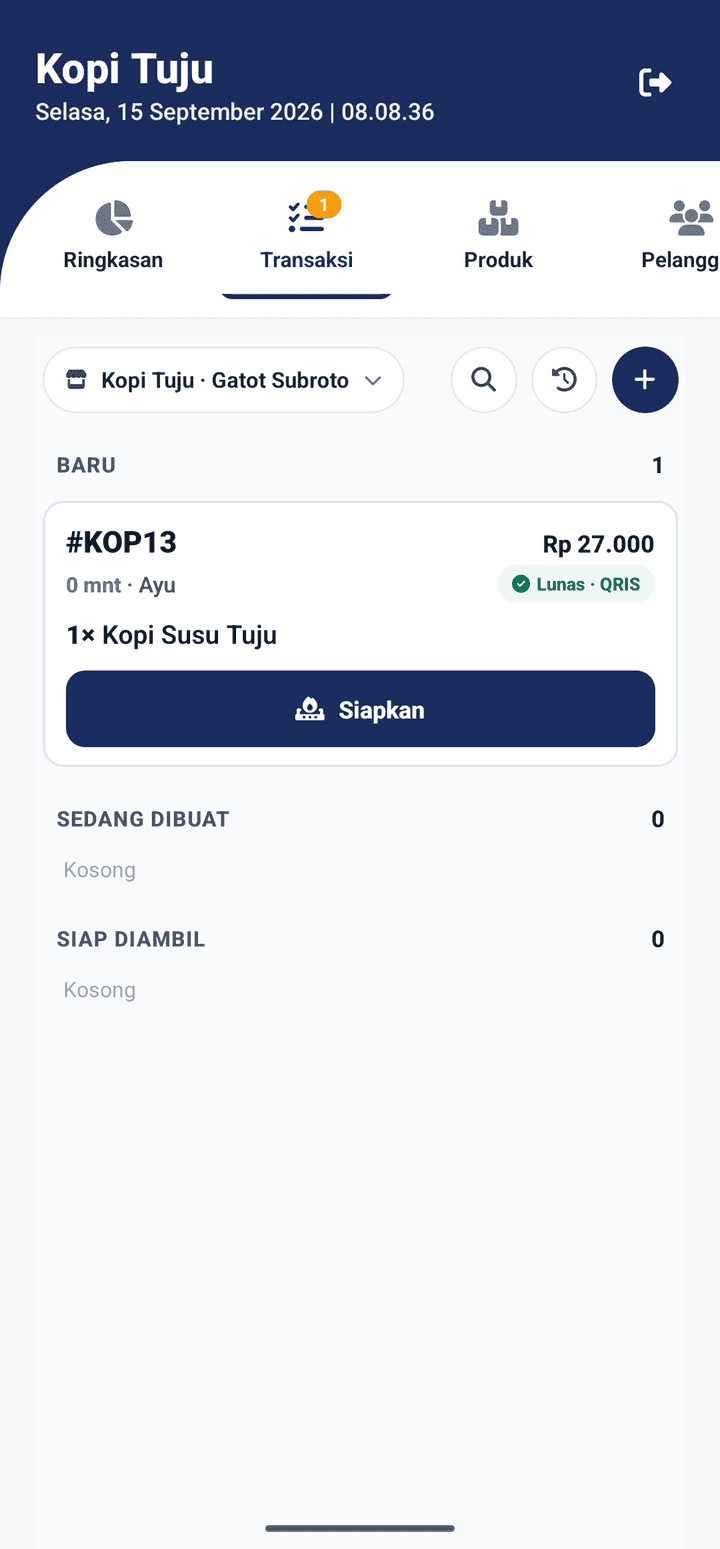 Tab Transaksi aplikasi Katujuan, outlet Kopi Tuju · Gatot Subroto: lajur Baru berisi #KOP13 dengan tombol Siapkan, Sedang dibuat dan Siap diambil kosong