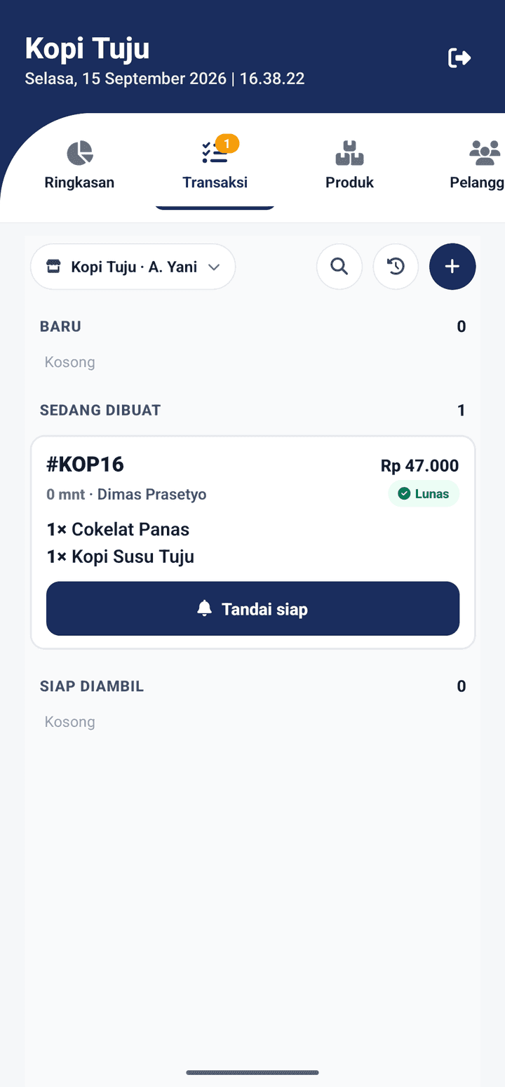 Tab Transaksi aplikasi Katujuan, outlet Kopi Tuju · A. Yani, sebelum pesanan tiba: Baru kosong, Sedang dibuat berisi #KOP16 berlencana Lunas, Siap diambil kosong