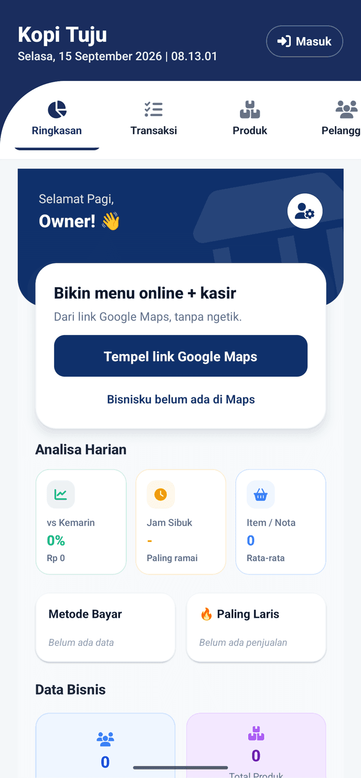 Beranda aplikasi Katujuan sebelum masuk: kartu Mulai dengan tombol Tempel link Google Maps dan tautan Bisnisku belum ada di Maps