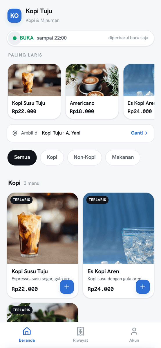 Menu online Kopi Tuju: status BUKA sampai 22:00, menu paling laris dengan foto dan harga, baris Ambil di Kopi Tuju · A. Yani dengan tombol Ganti, chip kategori