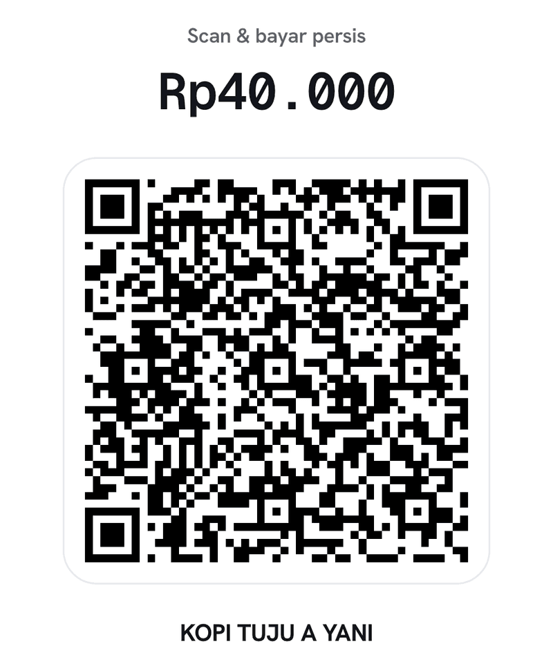 Potongan layar bayar: Scan & bayar persis Rp40.000, kode QR bernominal, merchant KOPI TUJU A YANI